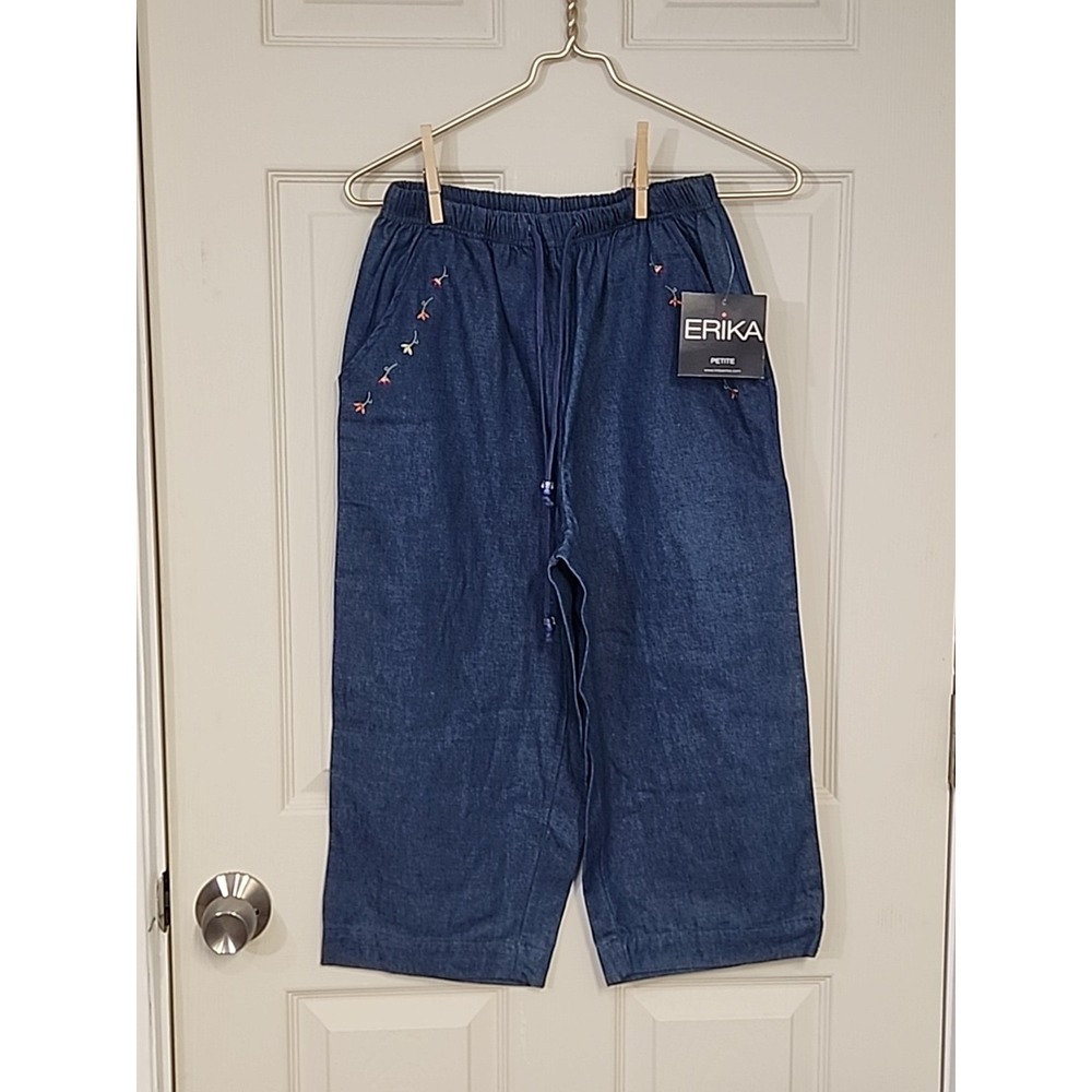 Vtg‎ Erika Women's Petite S Denim Fever Cropped Jeans Embroidered Drawstring NWT